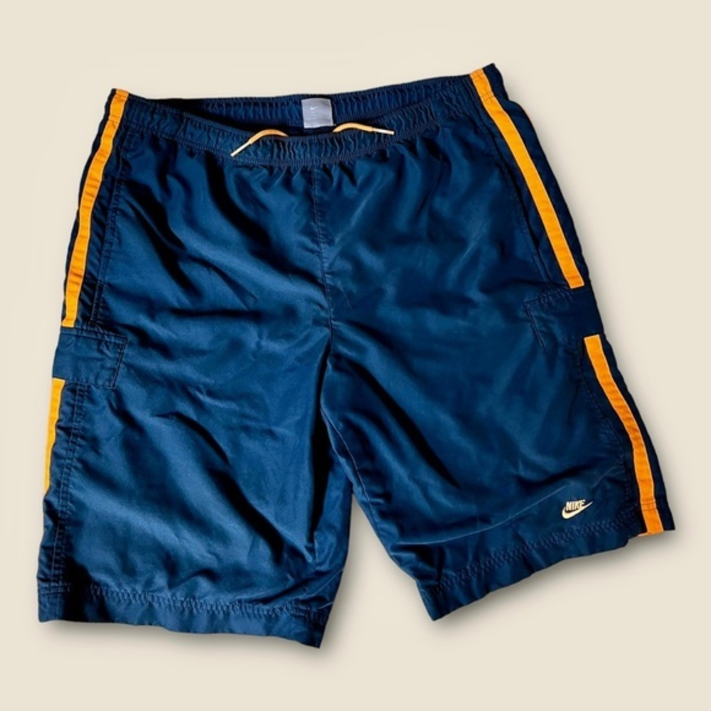Nike Swim Trunks Shorts Men's size L Cargo Pockets Blue Orange Mesh Drawstring ✅